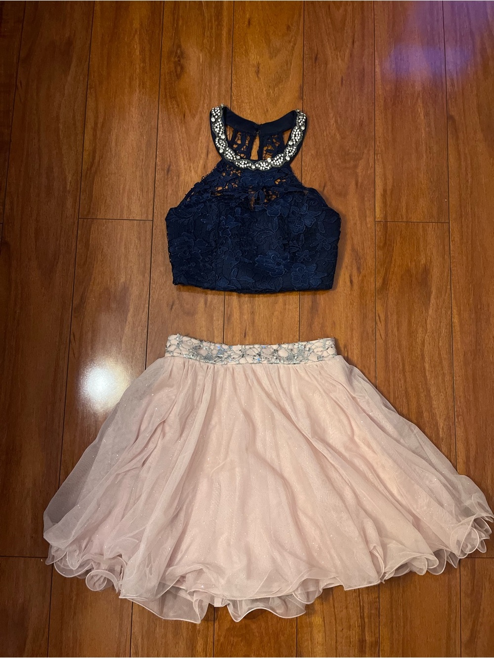 Love Reign Navy Lace Halter Top with Blush Tulle Skirt Set